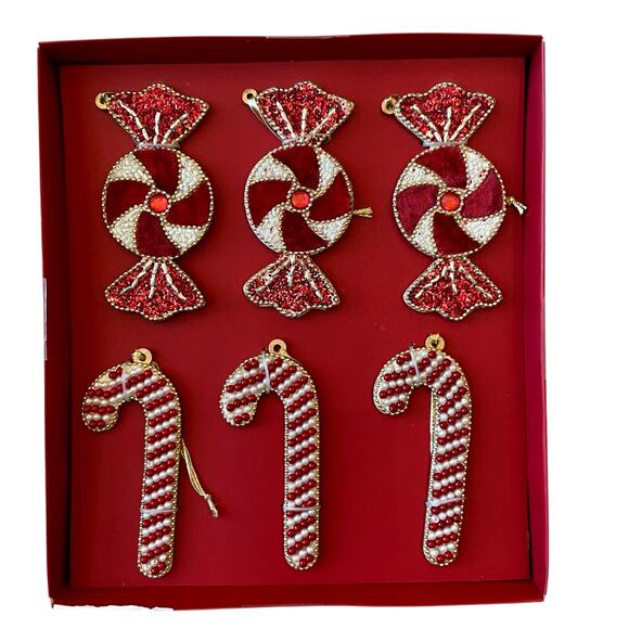 BELLA LUX 6pc Glass Beaded Candy Cane & Peppermint Ornaments 4.5" Velvet Accent - Picture 1 of 5